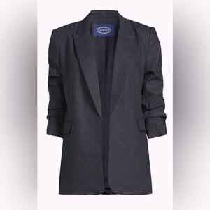 Scoop Linen-Blend Open Front Blazer with Tie Back and 3/4 Scrunch Sleeves